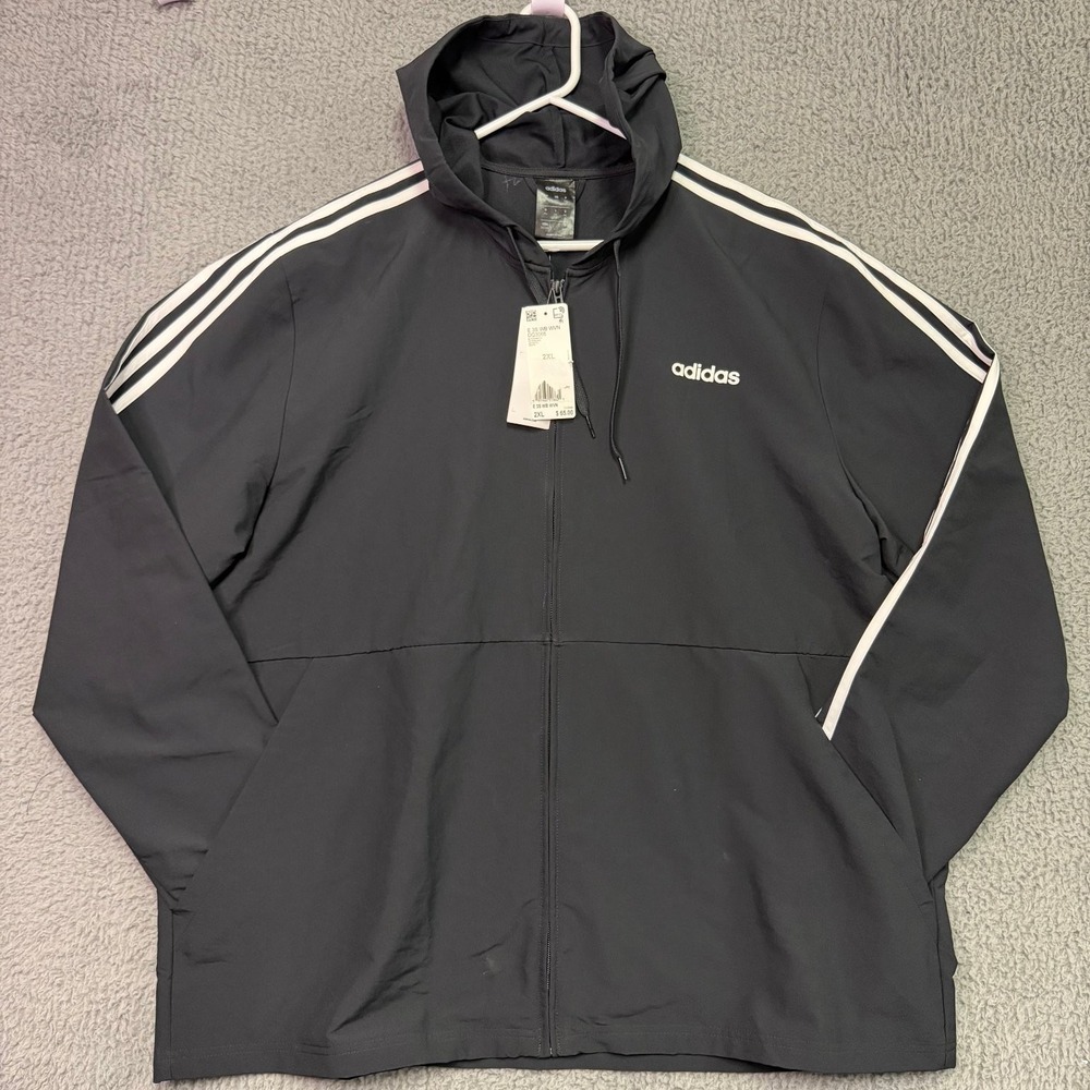 NEW adidas Men's 2XL Black White 3-Stripes Full Zip Hooded Windbreaker Jacket